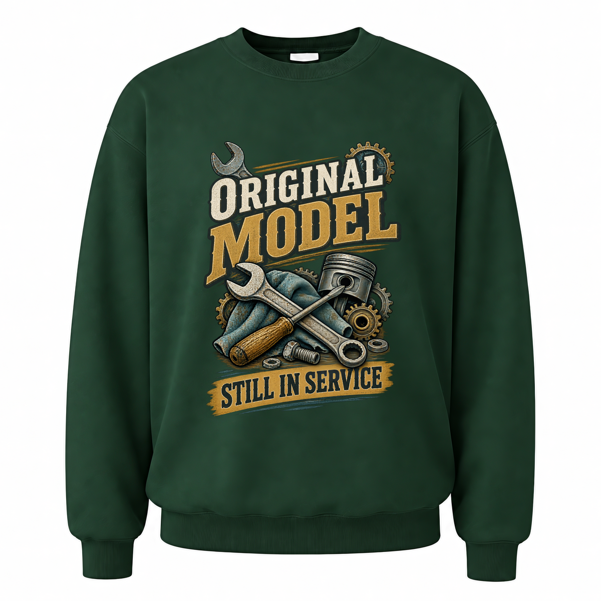 Forest Green vintage sweatshirt with Original Model Still In Service printed front design