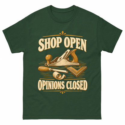 Forest Green vintage t-shirt with Shop Open Opinions Closed printed front design