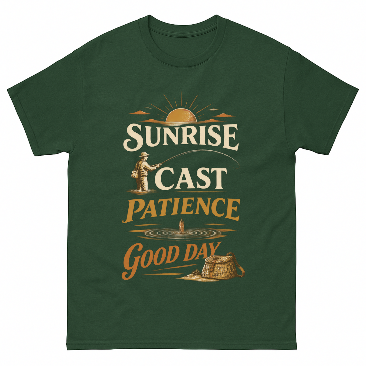 Forest Green vintage t-shirt with Sunrise • Cast • Patience. Good Day printed front design