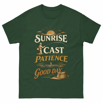 Forest Green vintage t-shirt with Sunrise • Cast • Patience. Good Day printed front design