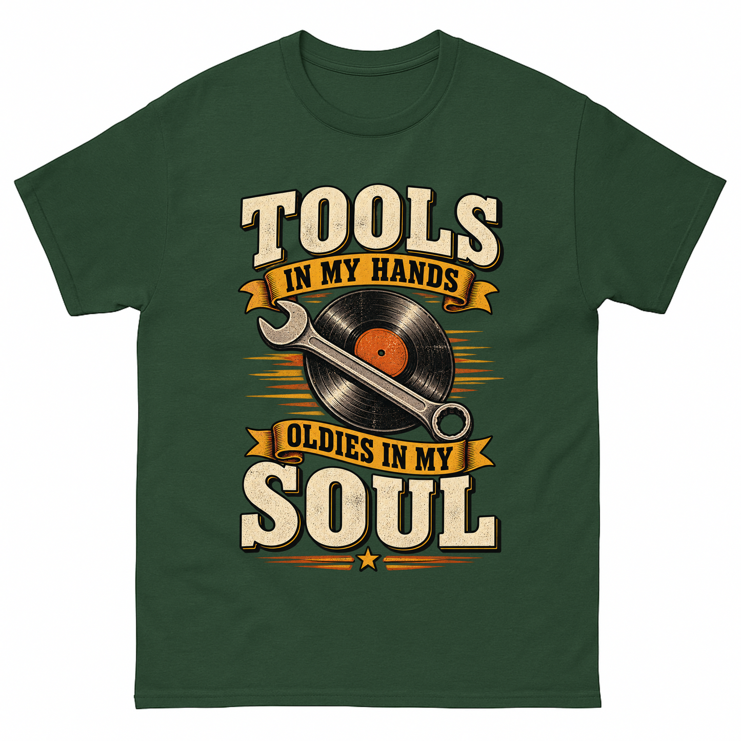 Forest Green vintage t-shirt with 34 tools in my hands oldies in my soul ideogram 4x printed front design