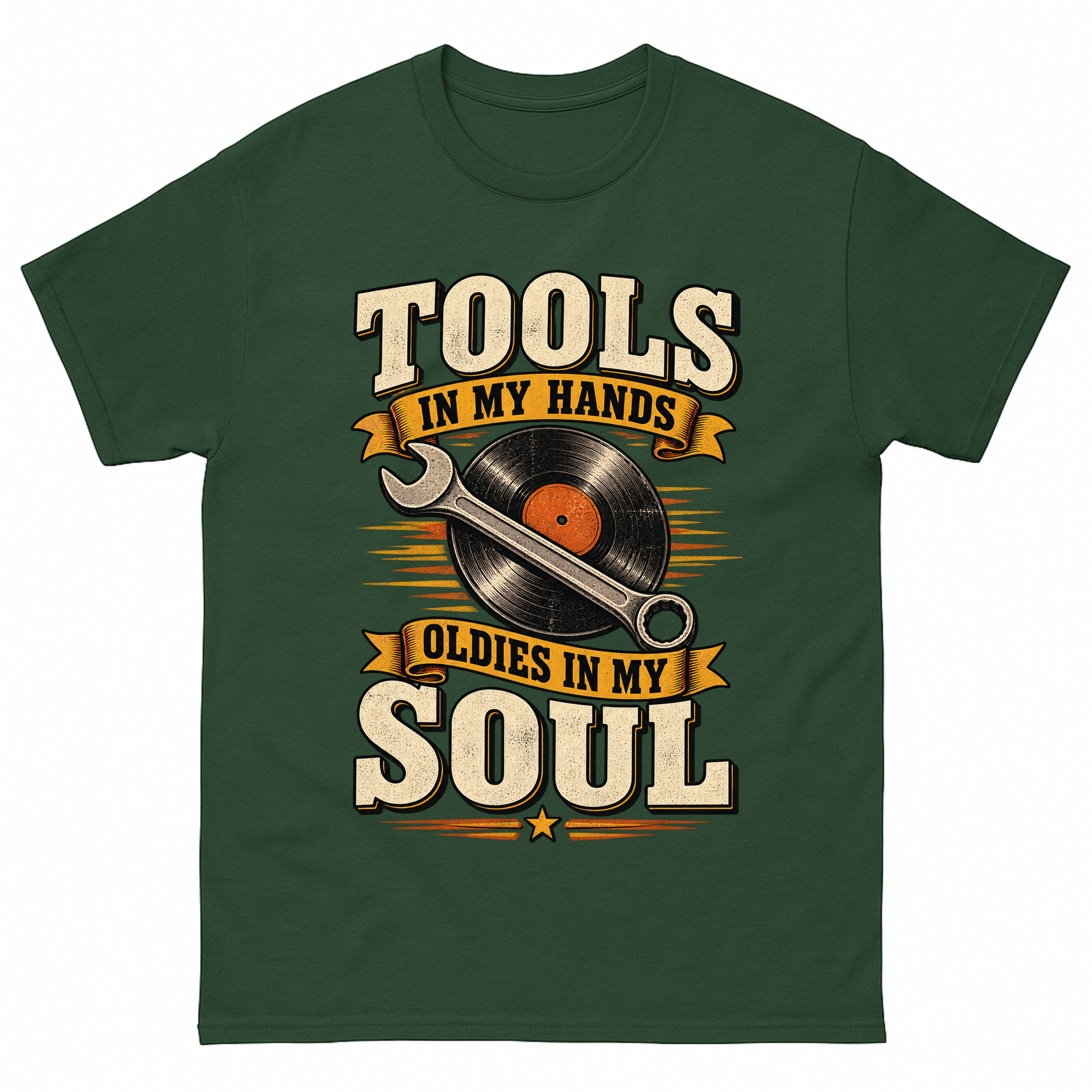 Forest Green vintage t-shirt with 34 tools in my hands oldies in my soul ideogram 4x printed front design