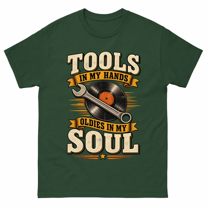 Forest Green vintage t-shirt with 34 tools in my hands oldies in my soul ideogram 4x printed front design