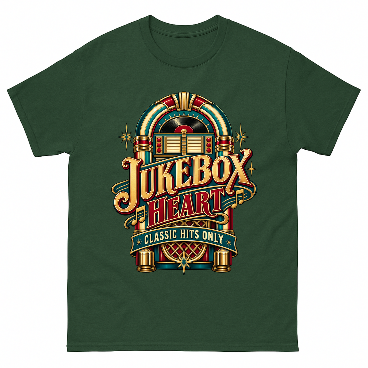 Forest Green vintage t-shirt with Jukebox Heart Classic Hits Only printed front design