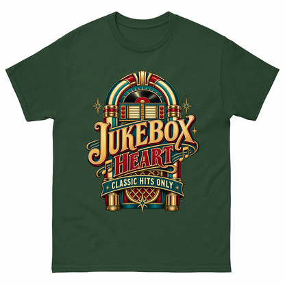 Forest Green vintage t-shirt with Jukebox Heart Classic Hits Only printed front design