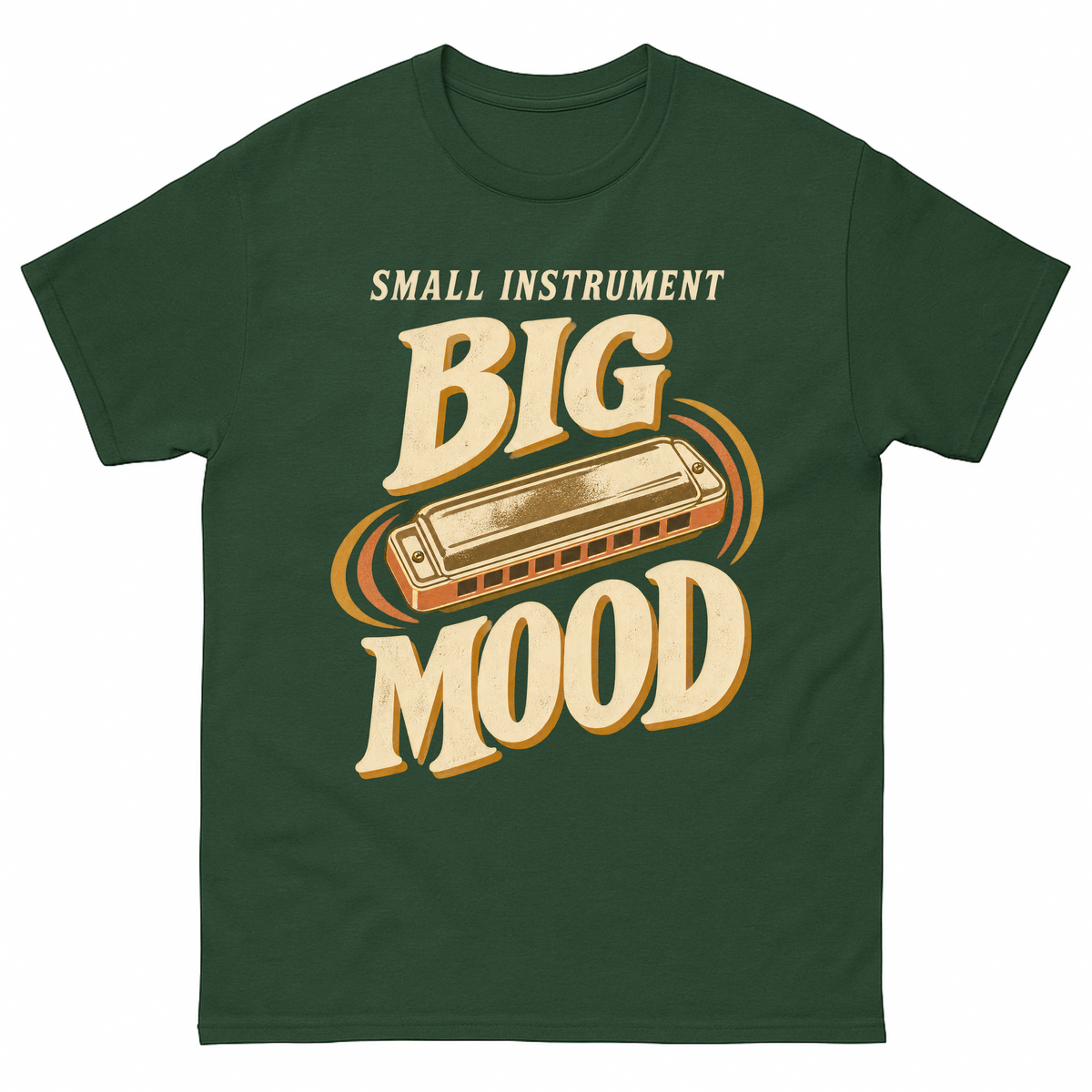 Forest Green vintage t-shirt with Small Instrument. Big Mood printed front design
