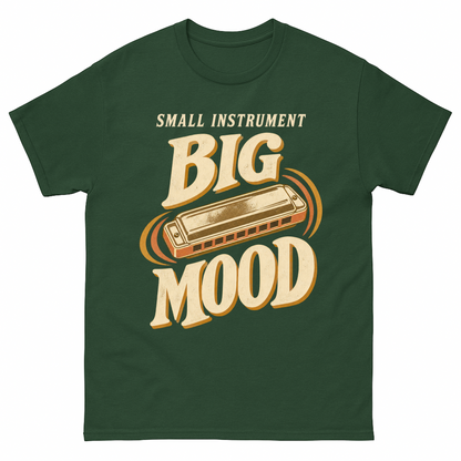 Forest Green vintage t-shirt with Small Instrument. Big Mood printed front design