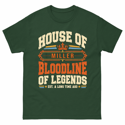 Forest Green vintage t-shirt with House Of Your Family Name Bloodline Of Legends Crown printed front design