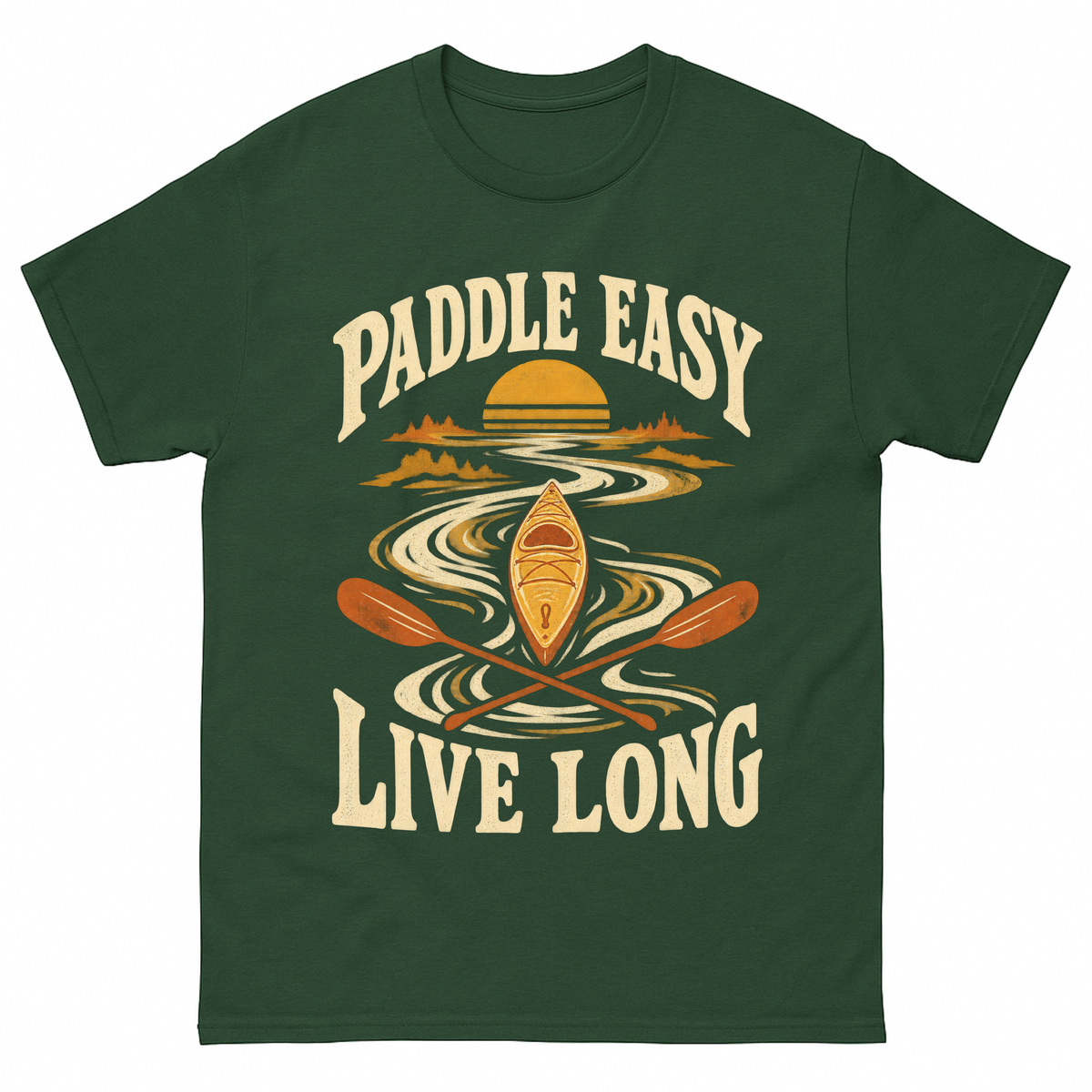 Forest Green vintage t-shirt with Paddle Easy Live Long printed front design