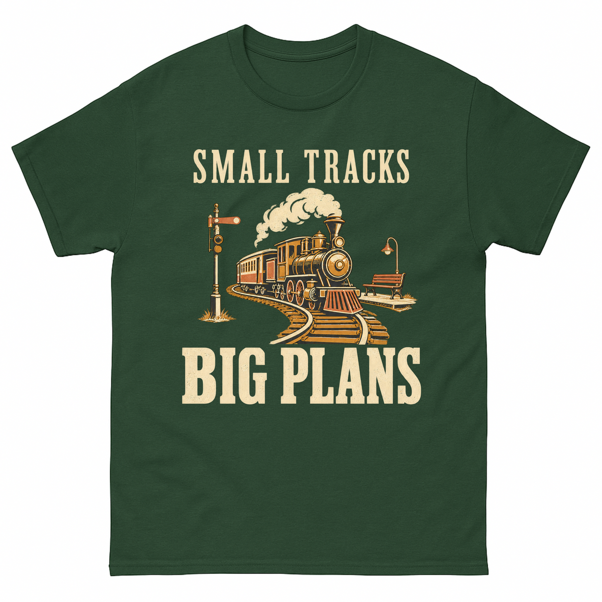 Forest Green vintage t-shirt with Small Tracks Big Plans printed front design