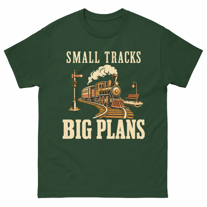 Forest Green vintage t-shirt with Small Tracks Big Plans printed front design