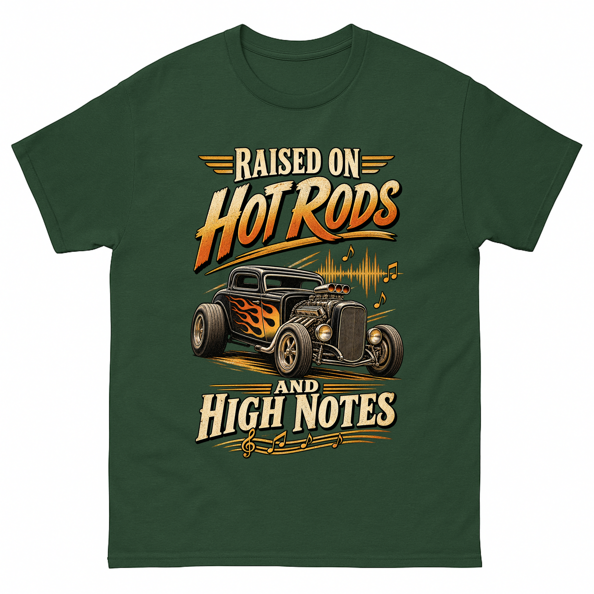 Forest Green vintage t-shirt with 36 hot rods and high notes ideogram 4x printed front design