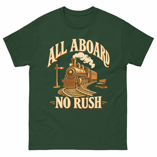 Forest Green vintage t-shirt with All Aboard. No Rush printed front design