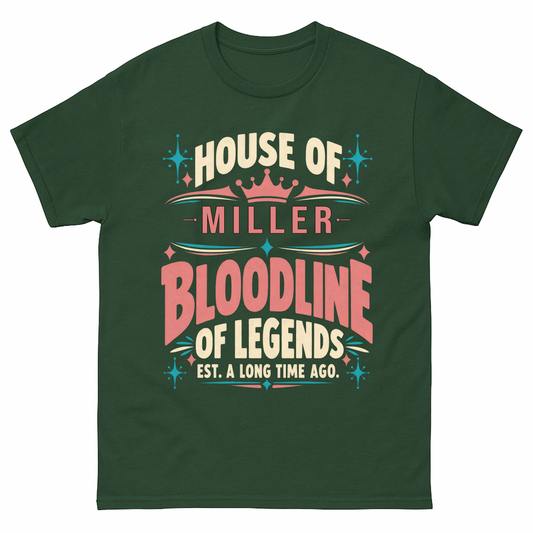 Forest Green vintage t-shirt with House Of Your Family Name Bloodline Of Legends Pink Crown printed front design