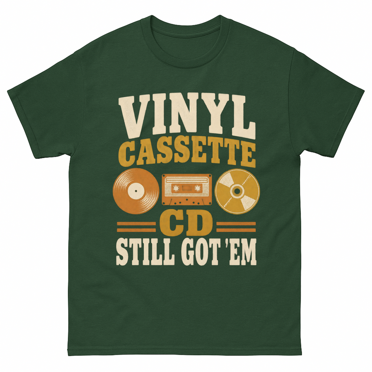 Forest Green vintage t-shirt with Vinyl Cassette CD Still Got 'Em printed front design
