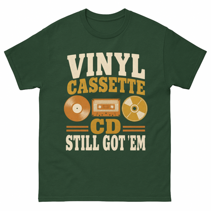 Forest Green vintage t-shirt with Vinyl Cassette CD Still Got 'Em printed front design