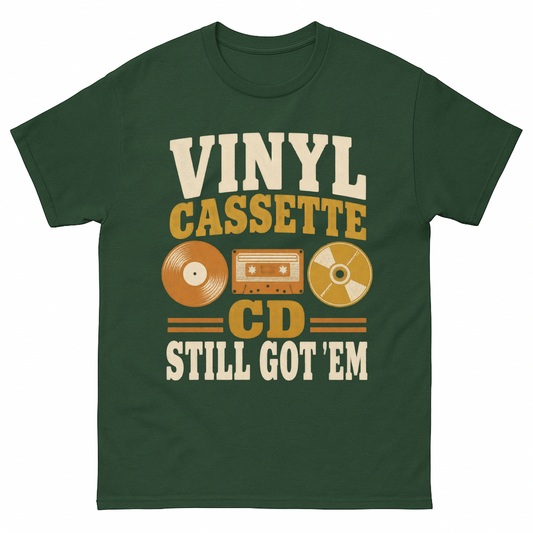 Forest Green vintage t-shirt with Vinyl Cassette CD Still Got 'Em printed front design
