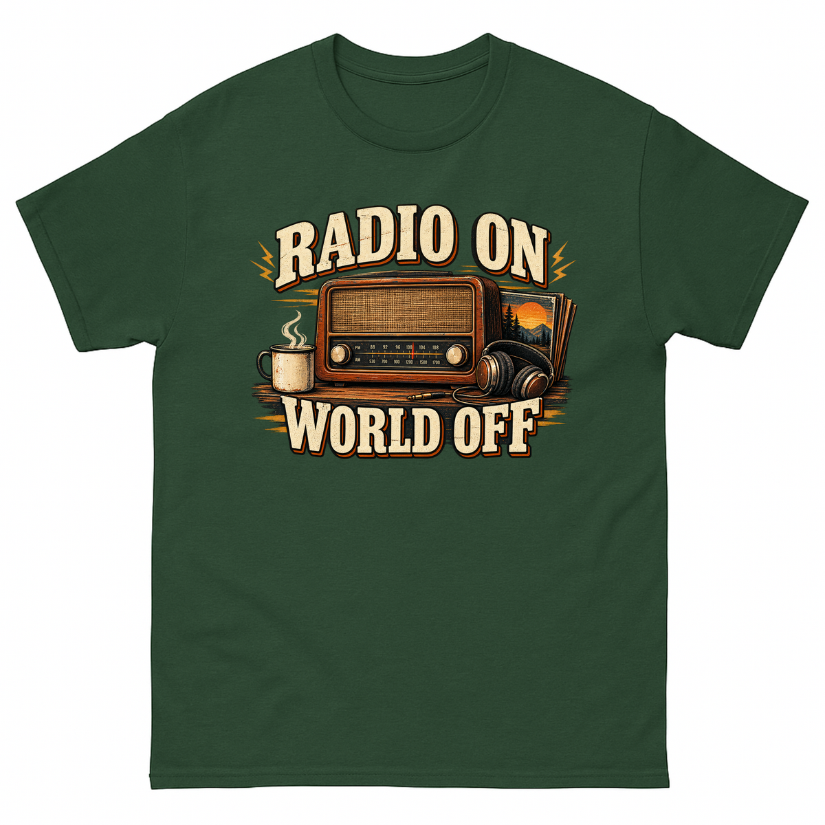 Forest Green vintage t-shirt with Radio On World Off printed front design