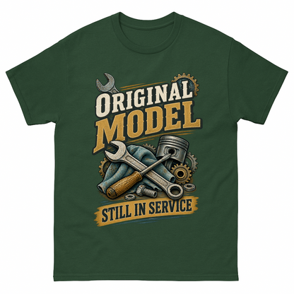 Forest Green vintage t-shirt with Original Model Still In Service printed front design