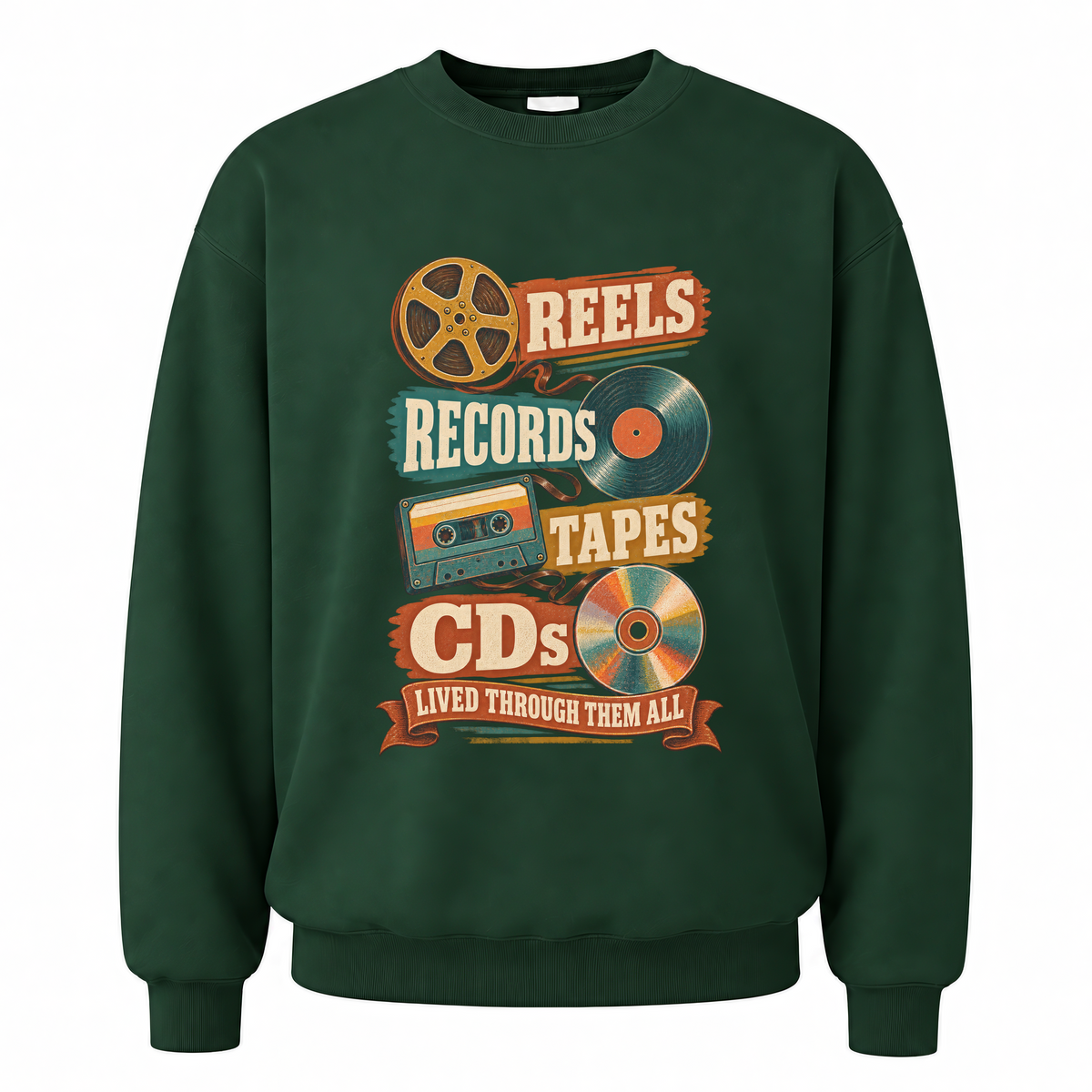 Forest Green vintage sweatshirt with Reels Records Tapes Cds Lived Through Them All printed front design