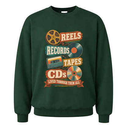 Forest Green vintage sweatshirt with Reels Records Tapes Cds Lived Through Them All printed front design