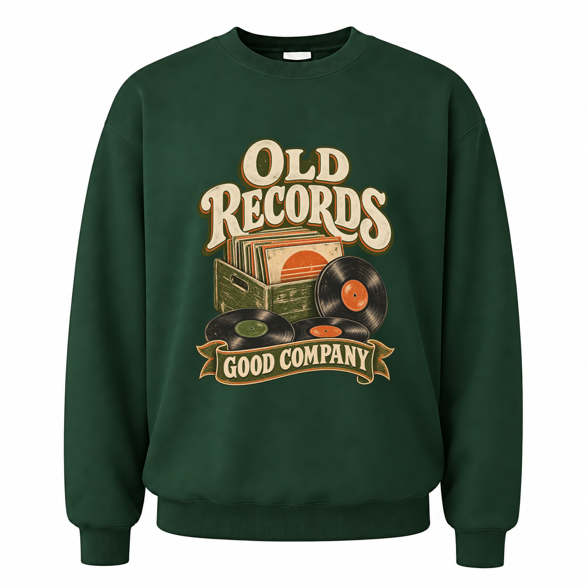 Forest Green vintage sweatshirt with Old Records Good Company printed front design
