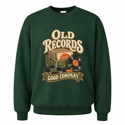 Forest Green vintage sweatshirt with Old Records Good Company printed front design