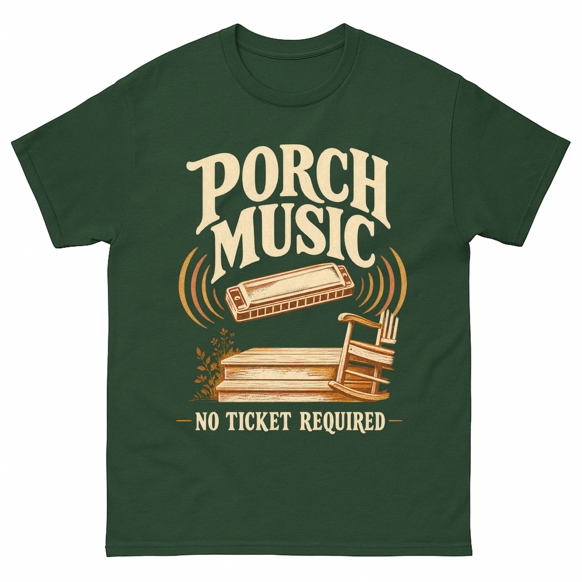 Forest Green vintage t-shirt with Porch Music. No Ticket Required printed front design