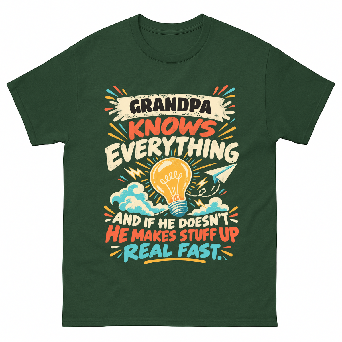 Forest Green vintage t-shirt with Your Name Knows Everything Lightbulb printed front design