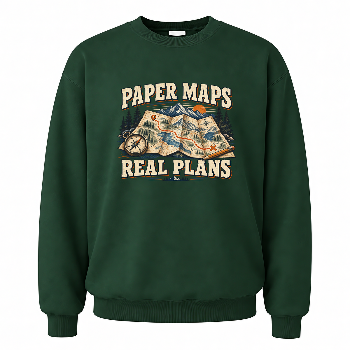 Forest Green vintage sweatshirt with Paper Maps. Real Plans printed front design