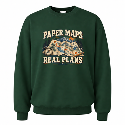 Forest Green vintage sweatshirt with Paper Maps. Real Plans printed front design