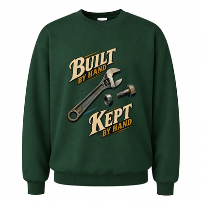Forest Green vintage sweatshirt with Build By Hand. Keep It By Hand printed front design