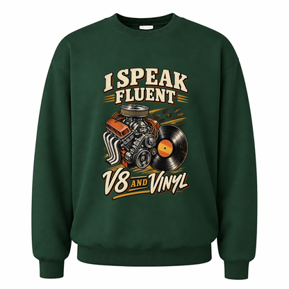 Forest Green vintage sweatshirt with 32 v8 and vinyl ideogram 4x printed front design