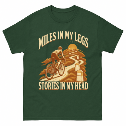 Forest Green vintage t-shirt with Miles In My Legs. Stories In My Head printed front design