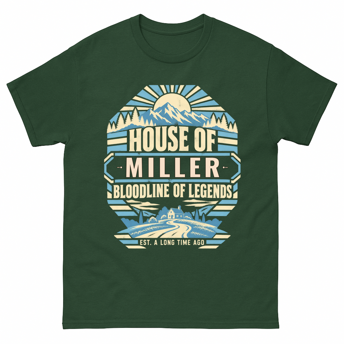 Forest Green vintage t-shirt with House Of Your Family Name Bloodline Of Legends Mountain printed front design