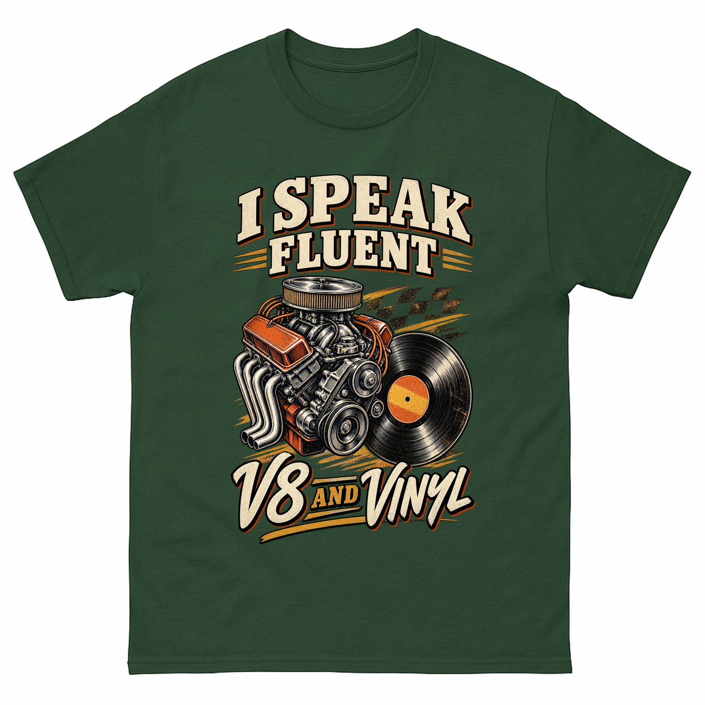 Forest Green vintage t-shirt with 32 v8 and vinyl ideogram 4x printed front design