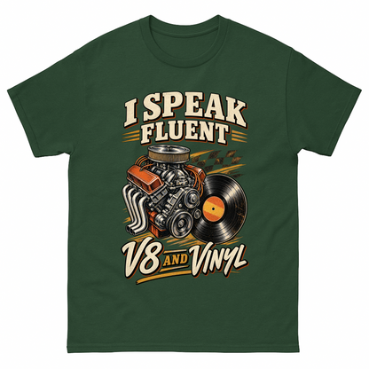 Forest Green vintage t-shirt with 32 v8 and vinyl ideogram 4x printed front design