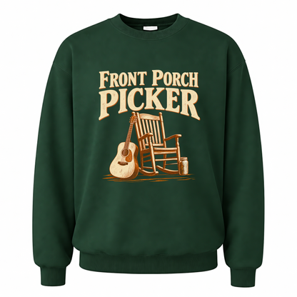 Forest Green vintage sweatshirt with Front Porch Picker printed front design