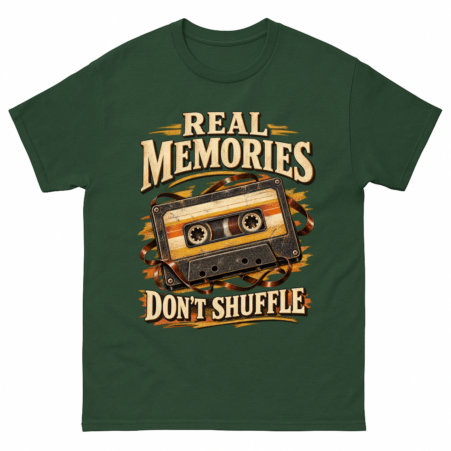 Forest Green vintage t-shirt with Real Memories Don’t Shuffle printed front design