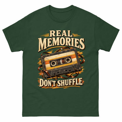Forest Green vintage t-shirt with Real Memories Don’t Shuffle printed front design