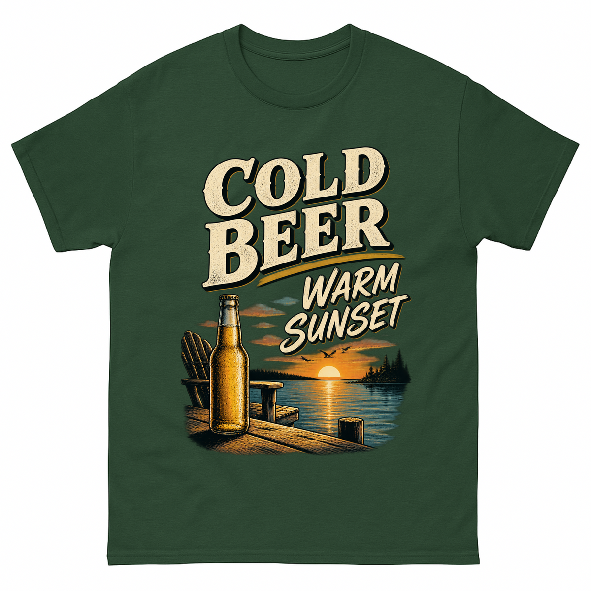 Forest Green vintage t-shirt with Cold Beer. Warm Sunset printed front design