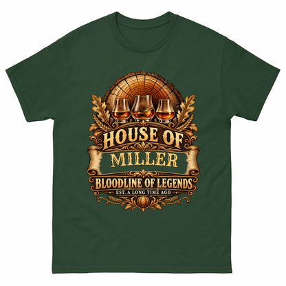 Forest Green vintage t-shirt with House Of Your Family Name Bloodline Of Legends Oak Barrel printed front design