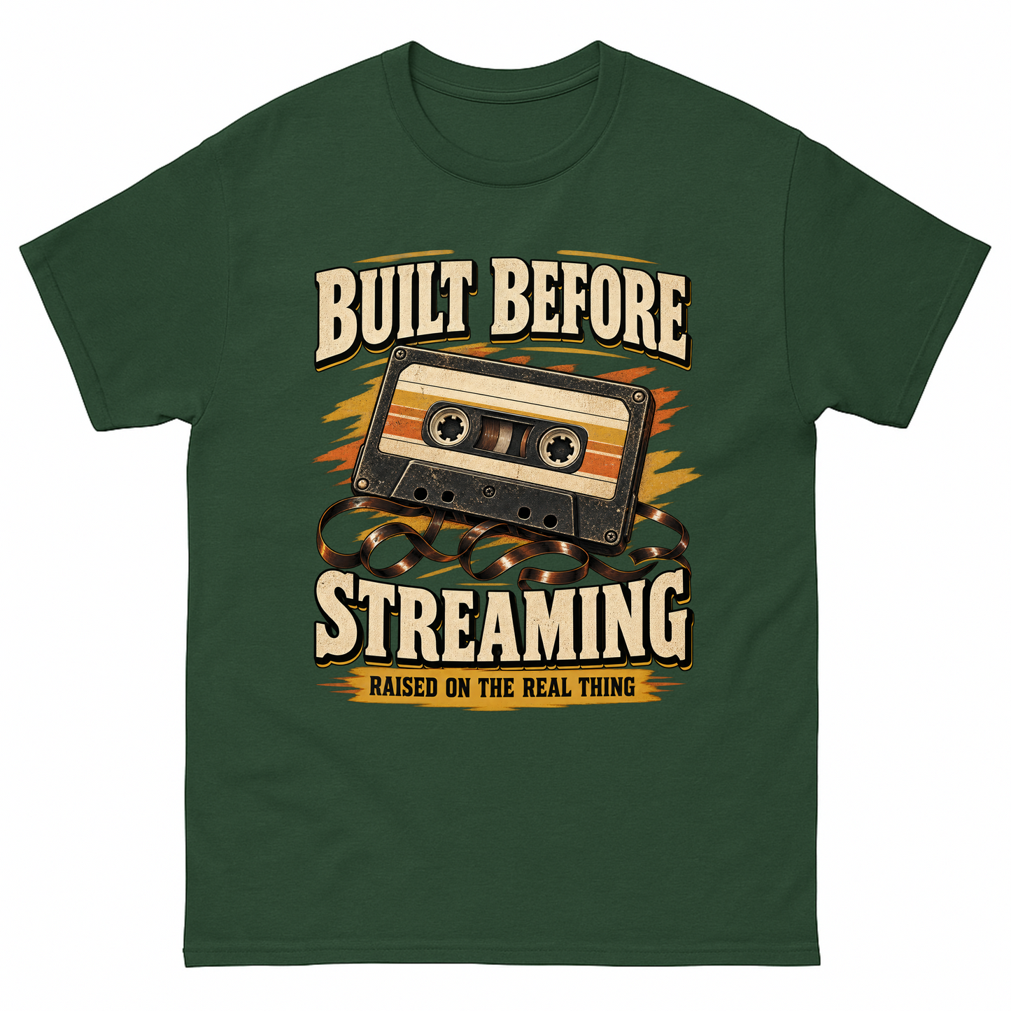 Forest Green vintage t-shirt with Built Before Streaming Raised On The Real Thing printed front design
