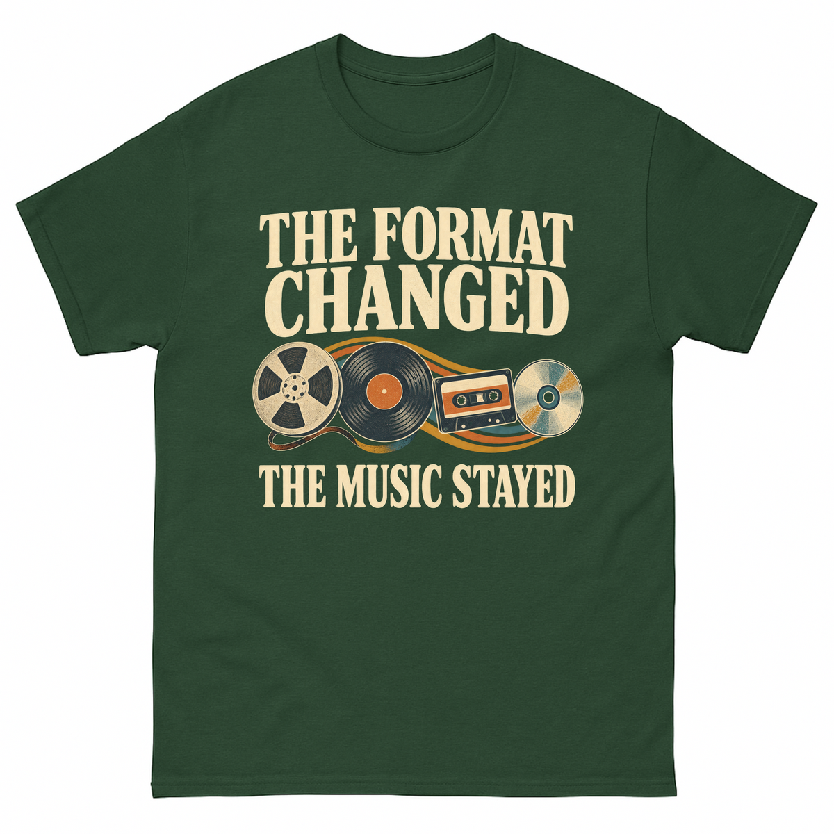 Forest Green vintage t-shirt with The Format Changed The Music Stayed printed front design