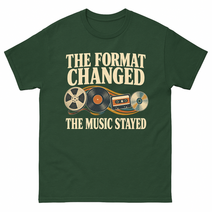 Forest Green vintage t-shirt with The Format Changed The Music Stayed printed front design