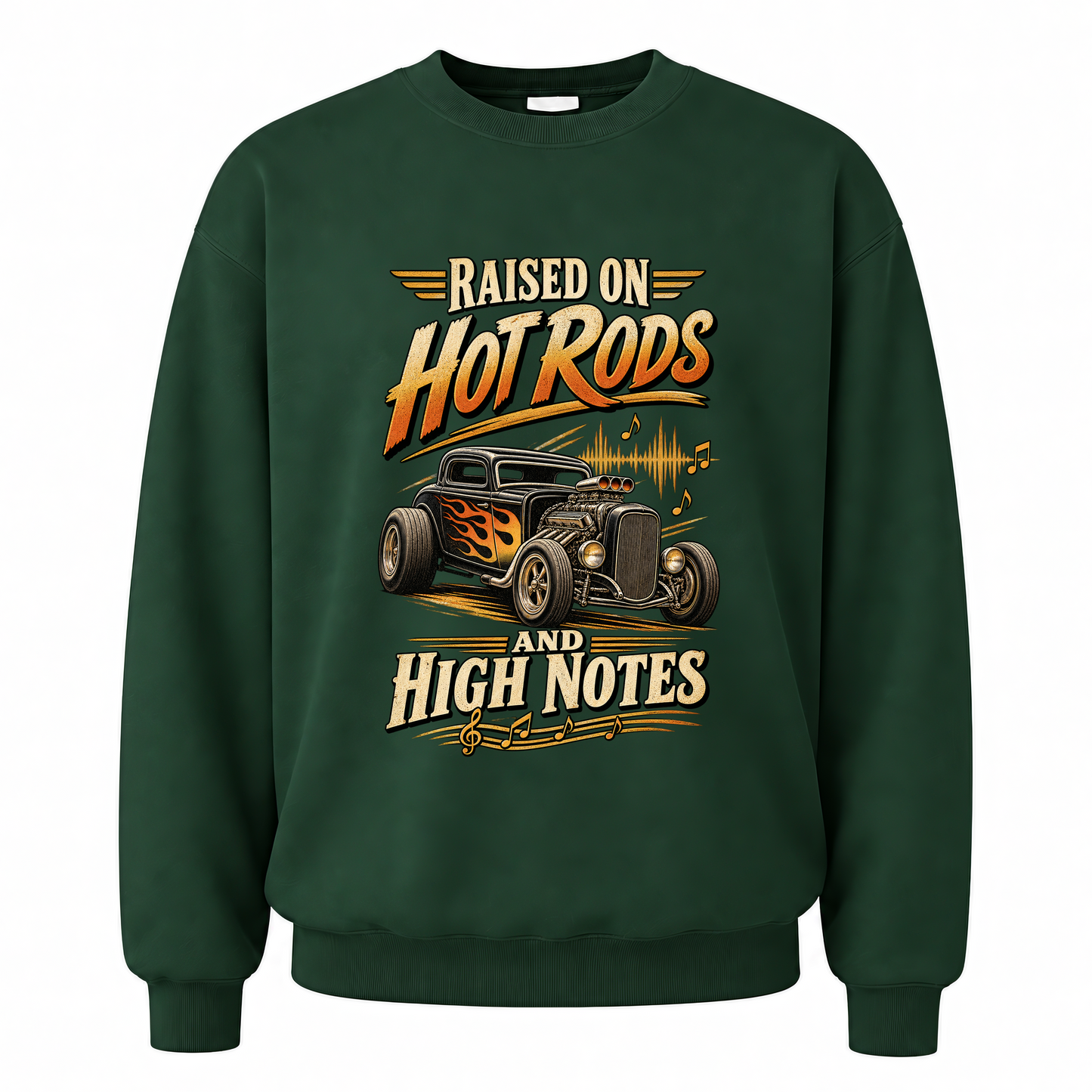 Forest Green vintage sweatshirt with 36 hot rods and high notes ideogram 4x printed front design