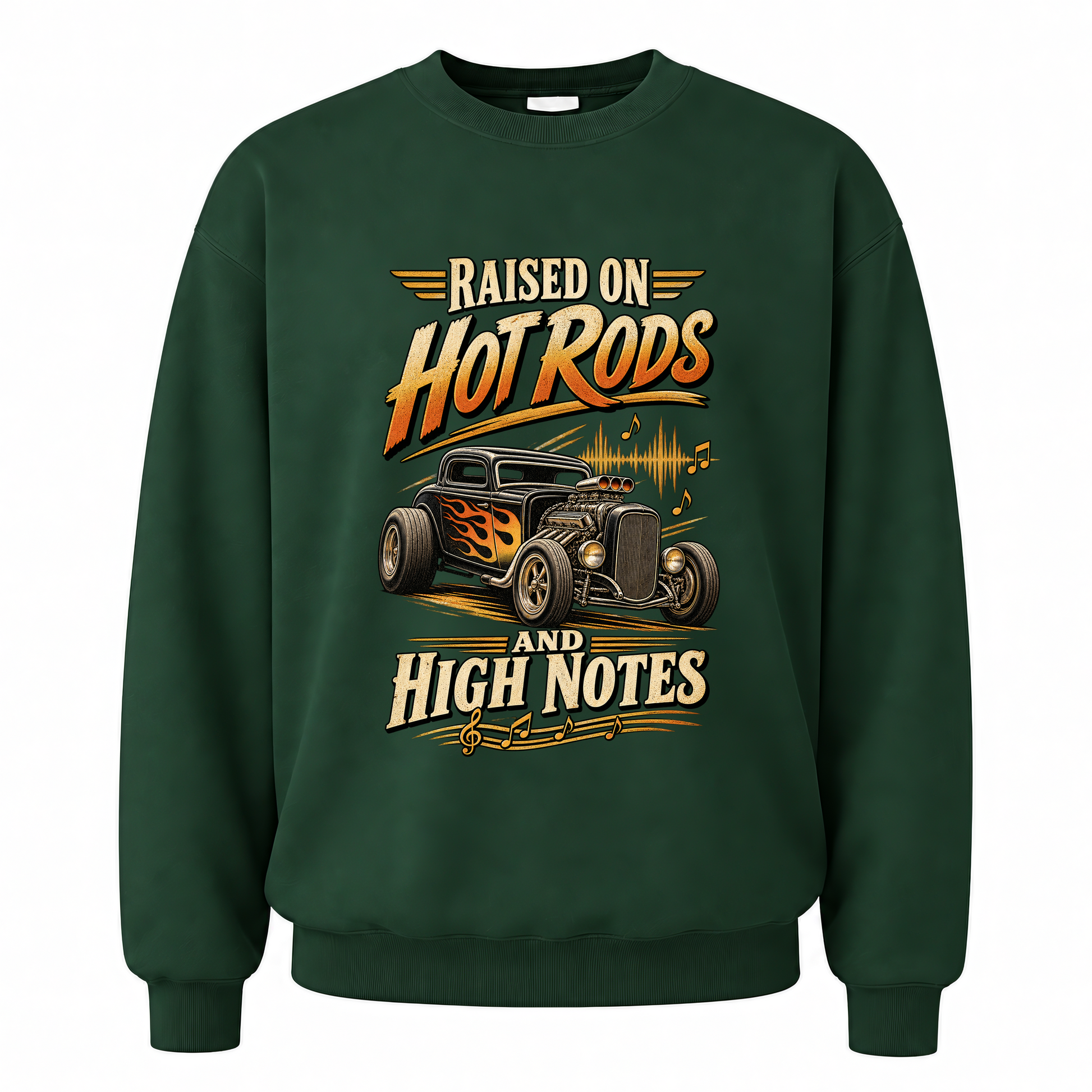 Forest Green vintage sweatshirt with 36 hot rods and high notes ideogram 4x printed front design