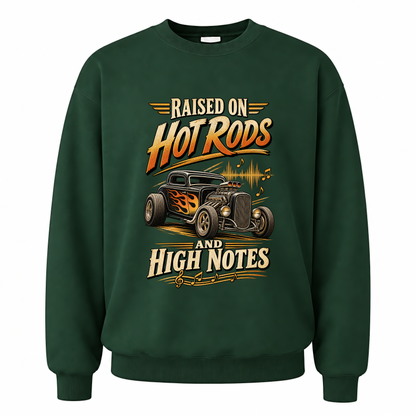 Forest Green vintage sweatshirt with 36 hot rods and high notes ideogram 4x printed front design