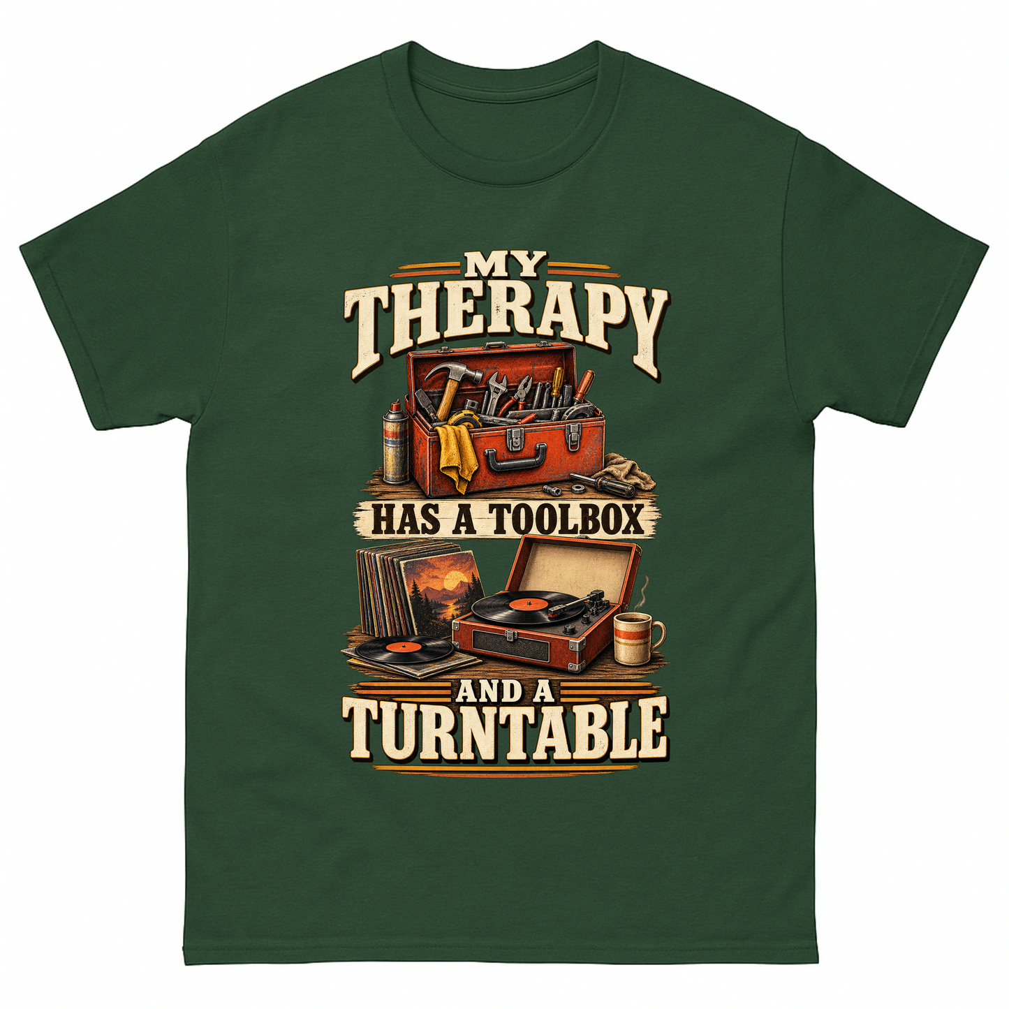 Forest Green vintage t-shirt with 33 toolbox and turntable ideogram 4x printed front design