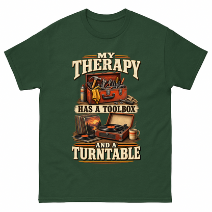 Forest Green vintage t-shirt with 33 toolbox and turntable ideogram 4x printed front design